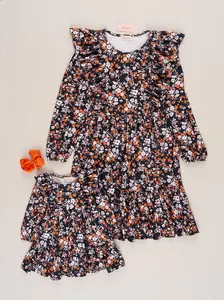 Mom & Me Black & Bronze Floral Ruffle Dress