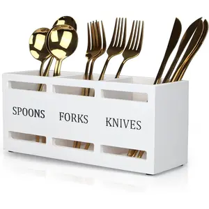 Wooden Silverware Cutlery Holder White Flatware Caddy Small Kitchen Utensil Holders for Party Wood Silverware Organizer Storage for Table Countertop Spoon and Fork Holder Utensils Caddy Basket
