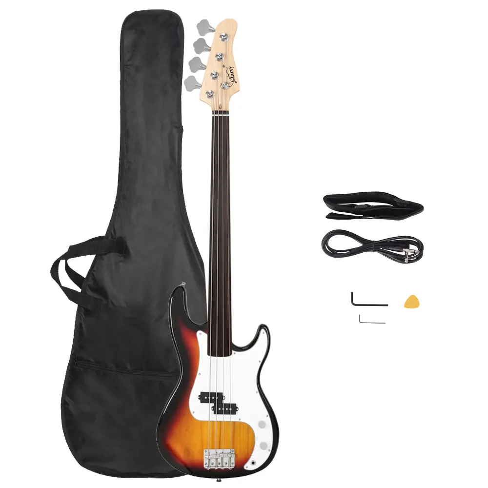 Full-Size 4-String Fretless Electric Bass Guitar - Lightweight Basswood Body, Maple Neck, Rosewood Fingerboard, 1 Volume, 1 Guitar Strap, 46.46x12.6x1.65in - for Experienced Players, Festival Musical Gift