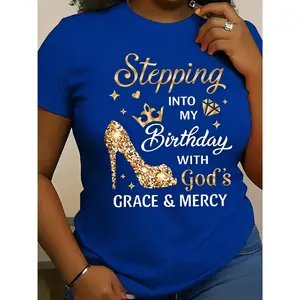 100% Cotton, Women's Birthday High Heels and Heel Letter Print T-Shirt - Spring Summer Autumn Casual Short Sleeve Round Neck Top, Birthday Party Outfit, Daily Wear, Machine Washable High Heels Design Top (Non-See-Through)