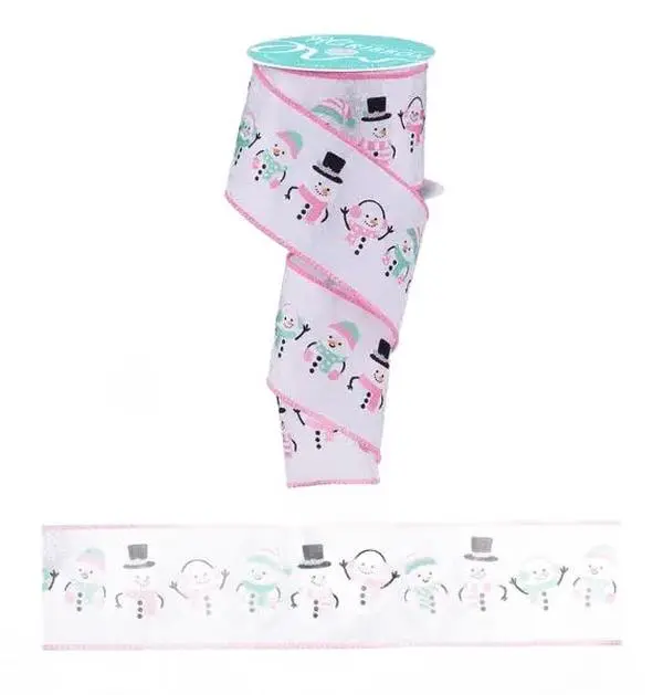 2.5" x 10yd Cute Snowmen Ribbon – White/Pink/Mint/Black
