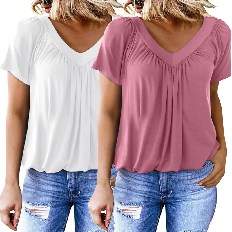 2 Pack Womens Summer Tops Casual Pleated V Neck T Shirts Short Sleeve Shirts Loose Fit Flowy