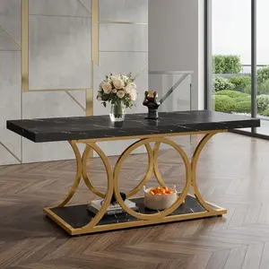 Modern Faux Marble Rectangle Coffee Table 47.24" 2 Tier Storage Shelf Design Geometric Metal Legs Waterproof Scratch Resistant Wooden Center Table Versatile Home Furniture For Living Room Small Apartment