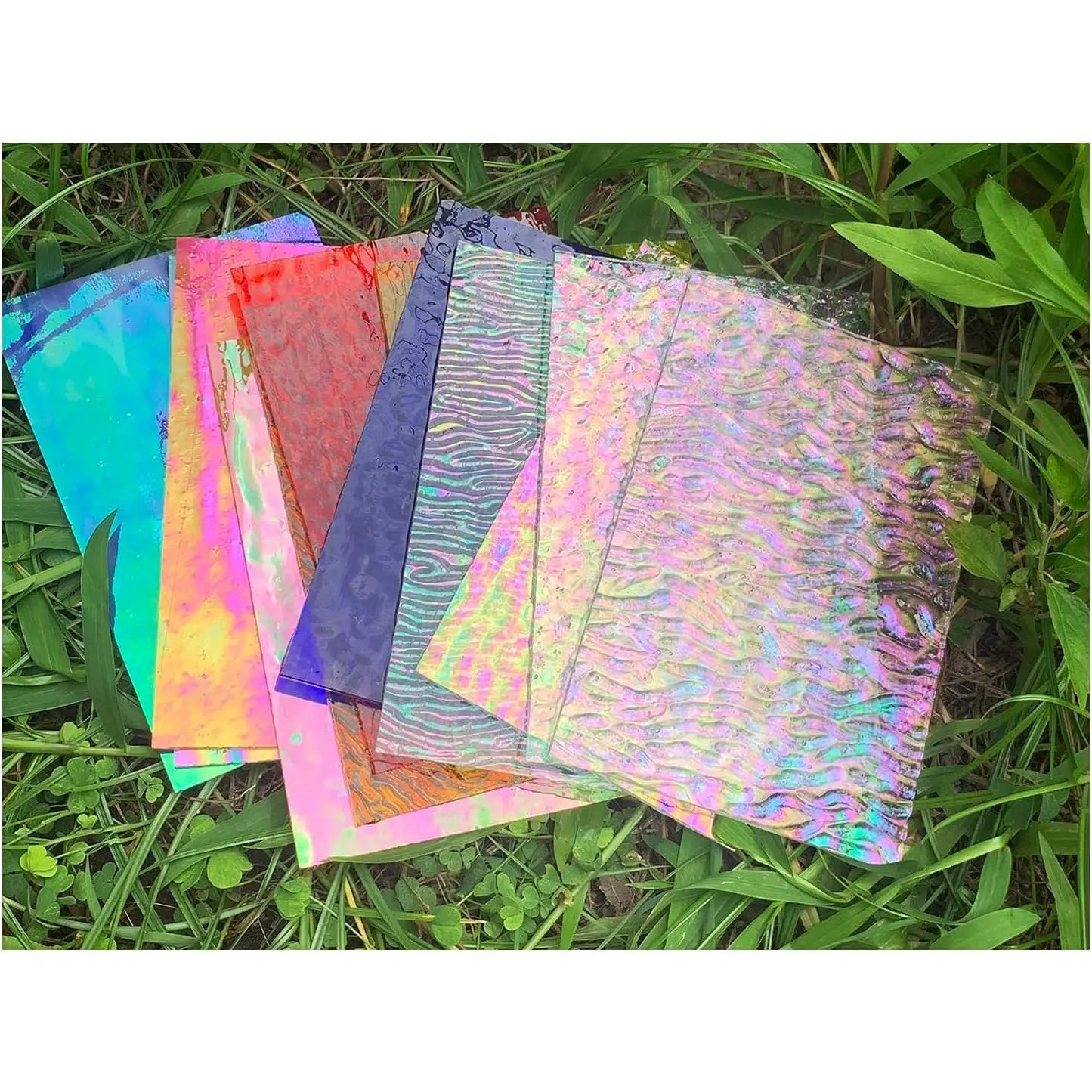 12 Sheets Iridescent Stained Glass Sheets, Cathedral Art Glass Packs for Mosaic Work Craft, Assorted Clear, Opaque and Colored Transparent Glass