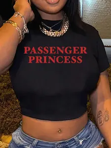 Women's Letter Print Round Neck Crop Tee, Fashion Casual Crew Neck Short Sleeve T-Shirt for Daily Holiday Vacation Outdoor Wear, Ladies Clothes for Summer, Streetwear, Top