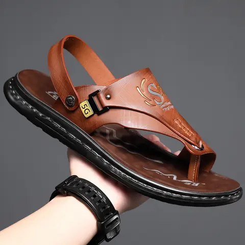 Men's Leather Slip-On Clogs - Lightweight Closed-Toe Wide Fit Sandals, Cushioned Sole, Laceless Breathable Slide, Slip On & Go Footwear for Outdoor Walking, Tropical Beach Summer Travel