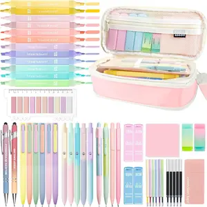 53 count Aesthetic School Supplies with Large Pencil Case,12 Pastel Highlighters,5 Black & 6 Color Ink Gel Pens,2 Inspirational Stylus Ballpoint Pens,4 Mechanical Pencils 0.5-0.7mm Student Essentials