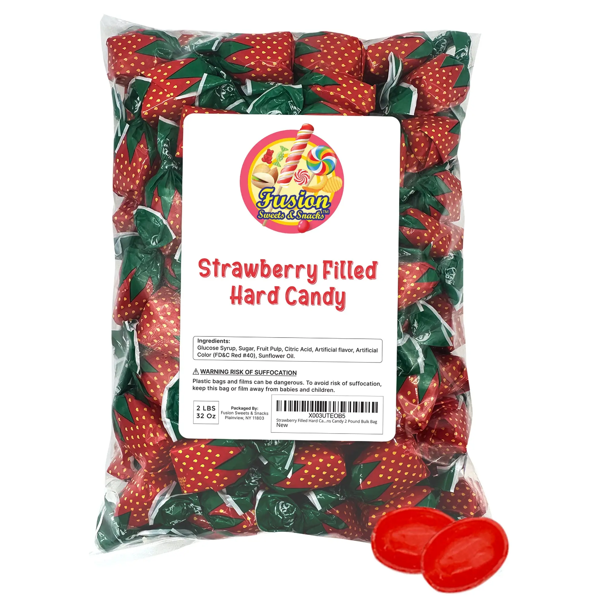 Strawberry Filled Hard Candy - 2 lb Bulk Bag, Individually Wrapped Bon Bons, Sweet Strawberry Flavor Snack, Candies for Party Snacks & Cupboard Storage, Made with Glucose Syrup