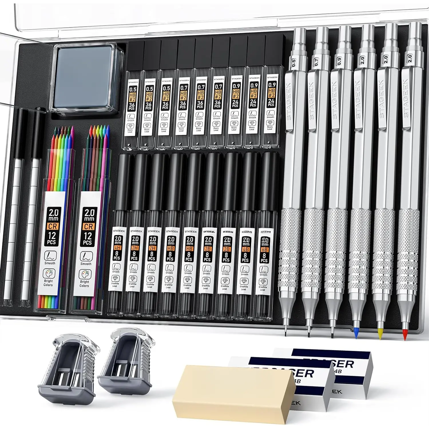 35 count Art Mechanical Pencil Set with Case, 0.5 0.7 0.9 2.0 Graphite Metal Drawing Drafting Pencils, Sharpener Erasers 384 count Lead Refills (6B 4B 2B HB 2H 4H Colors)Pencils for Writing Sketching,