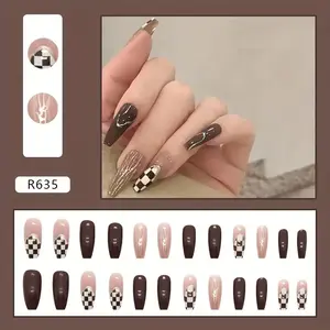 24pcs Fall Winter False Nails Chocolate Color Fake Nails Long Ballet Nail With Irregular Checkered Pattern Nail Wraps Nail Art For Women Girls