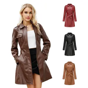 BIGWIG women's mid-length faux leather trench coat, long sleeves, zipper lapel, long jacket with belt, slim and elegant faux leather jacket, designer genuine leather suit jacket, trench coat with pockets, fashionable British jacket