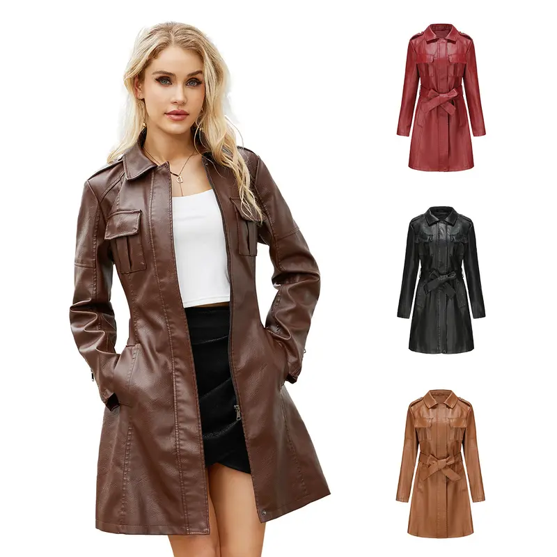 BIGWIG women's mid length faux leather trench coat, long sleeves, zipper lapel, long jacket with belt, slim and elegant faux leather jacket, designer genuine leather suit jacket, trench coat with pockets, fashionable British jacket