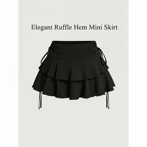Women's Solid Lettuce Trim Tiered Layer Ruffle Hem Fitted Skirt, Elegant Tie Side Mini Casual Skirt, Women's Bottoms for Daily Wear, Womenswear Feminine, Fitted Cut Skirt