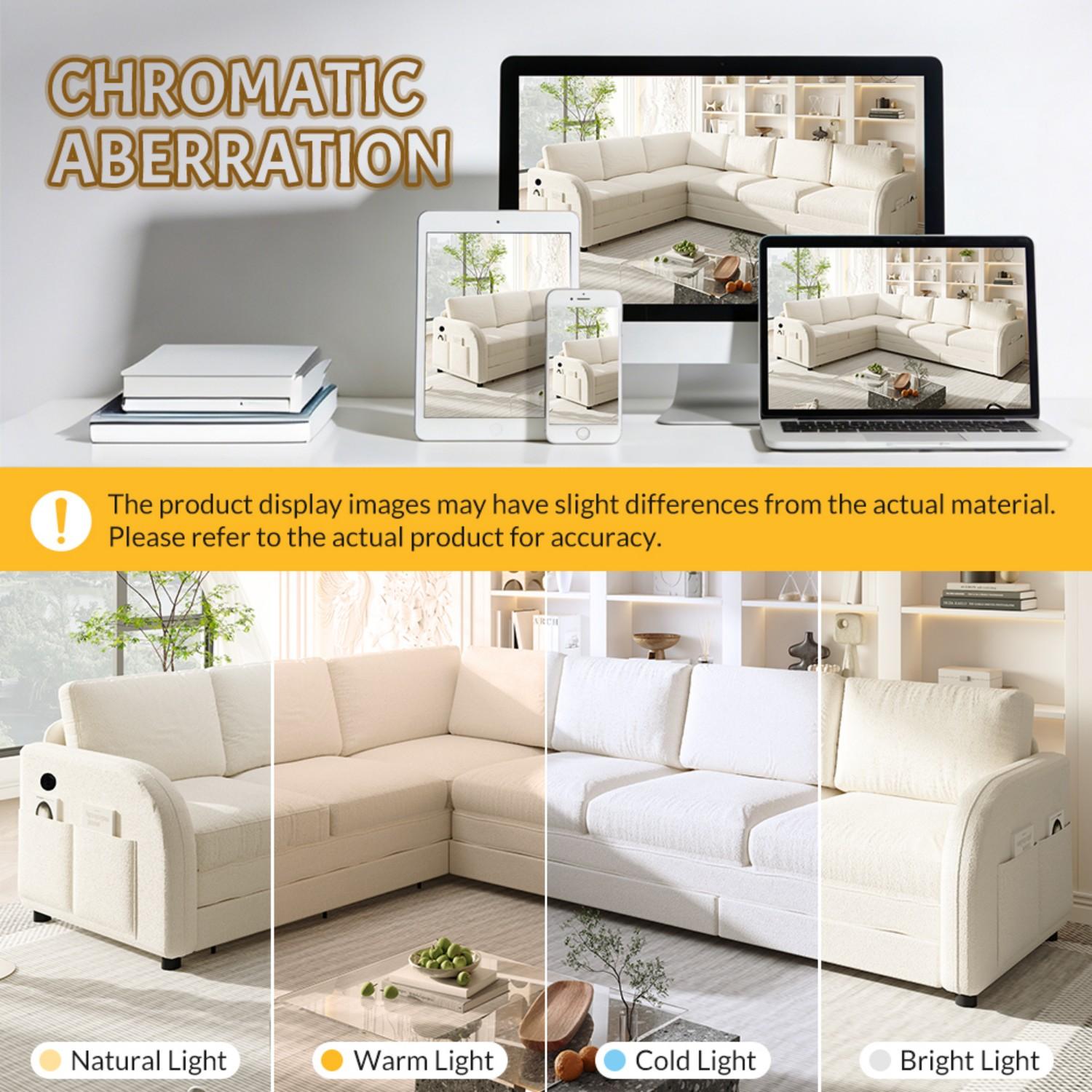 【3 Packages shipping】115.2" 6 Seat L-Shape Modular Couch with Pull-Out Bed,Oversize Convertible Sleeper Sofa with side Pocket & USB Port,Teddy Upholstered Sectional Couches,Convertible Sofa Lounge bed,For Apartment,Office,living room furniture