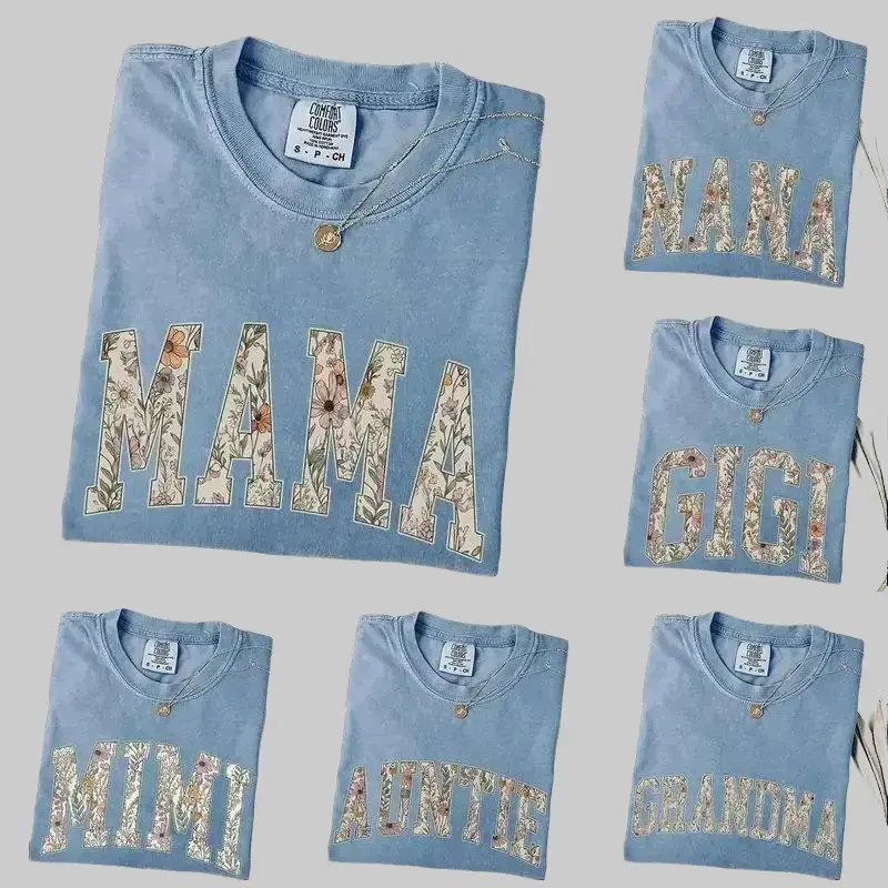 Comfort Colors Custom Mama Floral T-Shirt - Blue Jean Color, Personalized Grandparent Gift, Floral Grandma,- DarkFlex Casual Breathable Top Casual Cotton Tee