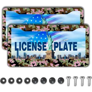 2 Pack Multicolor Pink Camouflage Camo Aluminum Metal License Plate Frames Car Accessory License Plate Protector Set with Screw Covers