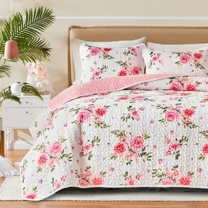 Floral Quilt Set 3 Pieces Queen Size White Pink Flower Soft Microfiber Lightweight Summer Reversible Coverlet Bedspread for All Season -1 Quilt 88 * 88 + 2 Pillow Shams