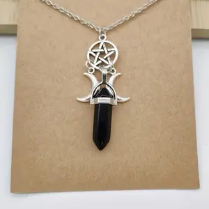 Point Pentacle Moon Natural Stone Pendant Necklace for Women Wiccan Witchcraft Pentagram Jewelry Gift.