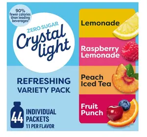 Crystal Light Refreshing Drink Mix Variety Pack, 44 Packets, for Convenient Hydration, Lemonade, Raspberry Lemonade, Peach Iced Tea, Fruit Punch, Natural and Artificial Flavor, Zero Sugar, 4.18 oz