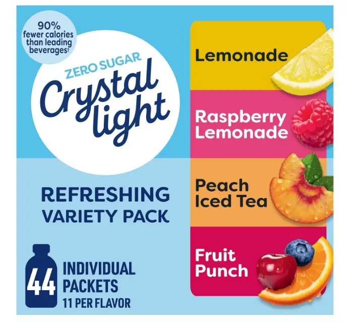 Crystal Light Refreshing Drink Mix Variety Pack, 44 Packets, for Convenient Hydration, Lemonade, Raspberry Lemonade, Peach Iced Tea, Fruit Punch, Natural and Artificial Flavor, Zero Sugar, 4.18 oz