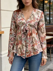Boho Women's Long Sleeve V Neck Floral Printed Blouse with Front Bow Tie Flare Sleeves, Fashion Casual Vacation Top, Stylish Leisure Shirt