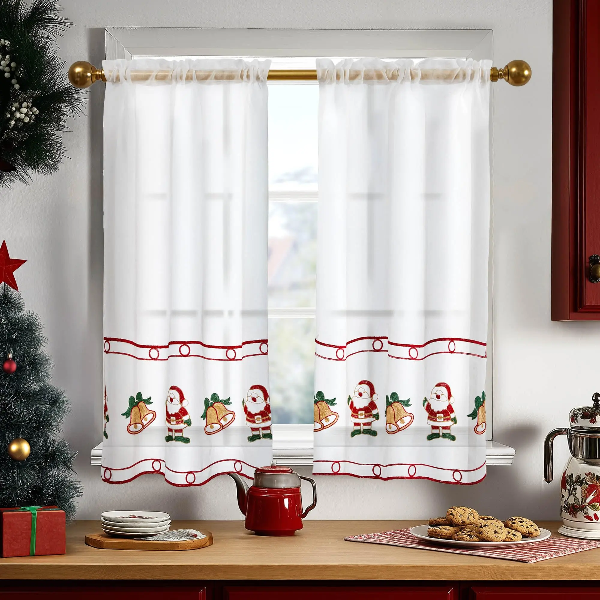 Deconovo Classic Art Deco Christmas Embroidered Semi-Sheer Cafe Curtains, 2-Panel Rod Pocket Window Hanging, Low Iron Light-Filtering for Small Windows & Sink Areas, 28W x 24L Santa Claus Design, Coral Pink/Gold Constellation