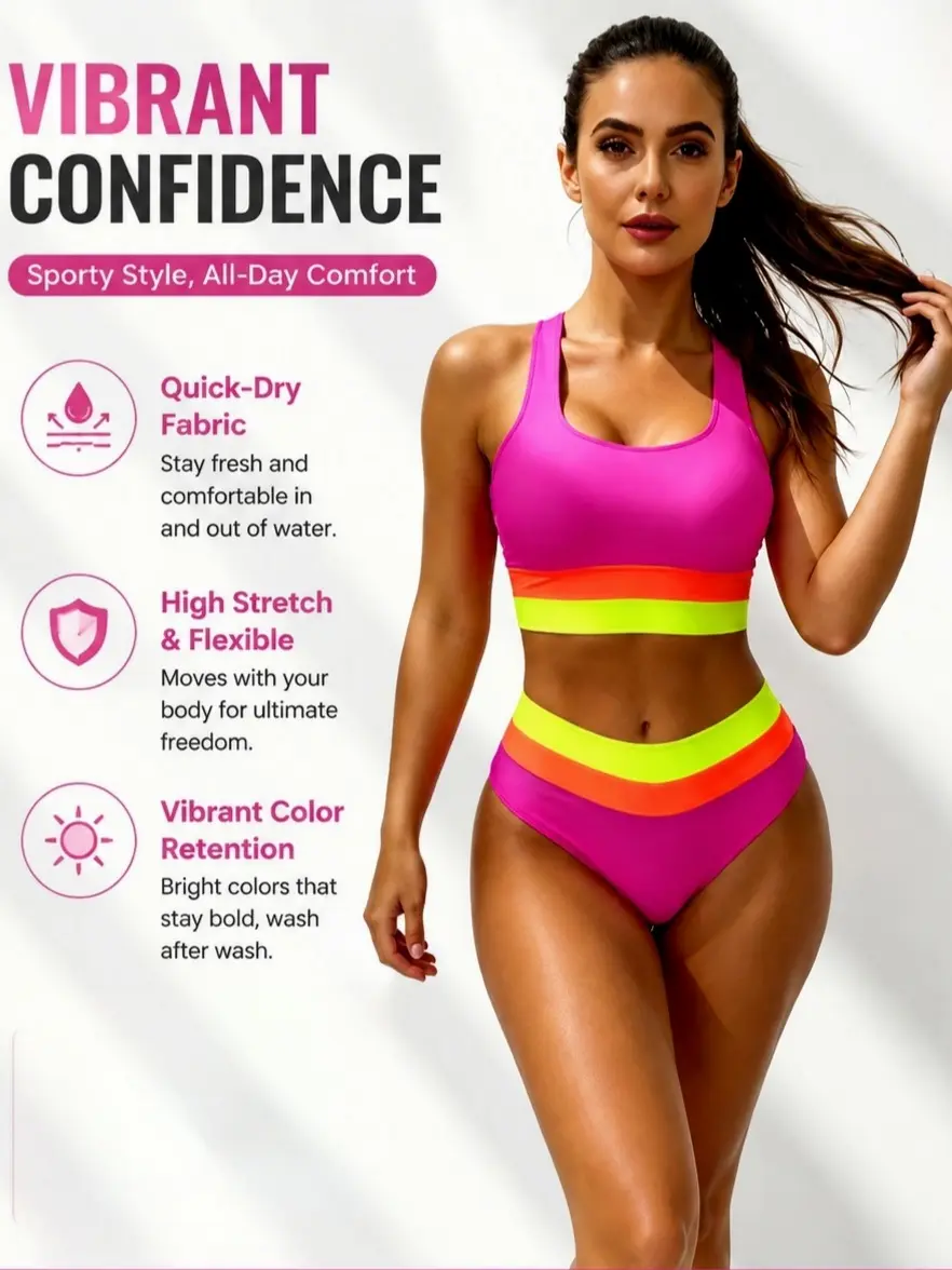 Sporty Neon Color Block Bikini Set, Women's High Waisted 2-Piece Swimwear with Racerback Top - Figure-Flattering for Volleyball & Pool Parties, Two Piece Set, Quick Drying