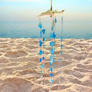 Starfish Decor Sea Glass Wind Chime Hanger, Handcrafted Natural Blue Seaglass Suncatcher