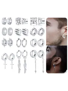 12 Pairs Magnetic Stud Earrings Stainless Steel CZ Hoop Punk Feather Dangle Hinged Non-Piercing Earrings Clip on Magnet Earring Set for Women Men Silver Plated