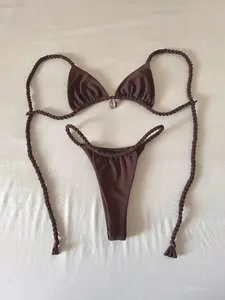 Women's Bikini Set, Low Waist Bottoms & Backless Top, Fashionable Two-Piece Swimsuit, Casual Beachwear for Holidays, Solid Bikinis, Spaghetti Strap Bikini, Summer Swimsuit Set