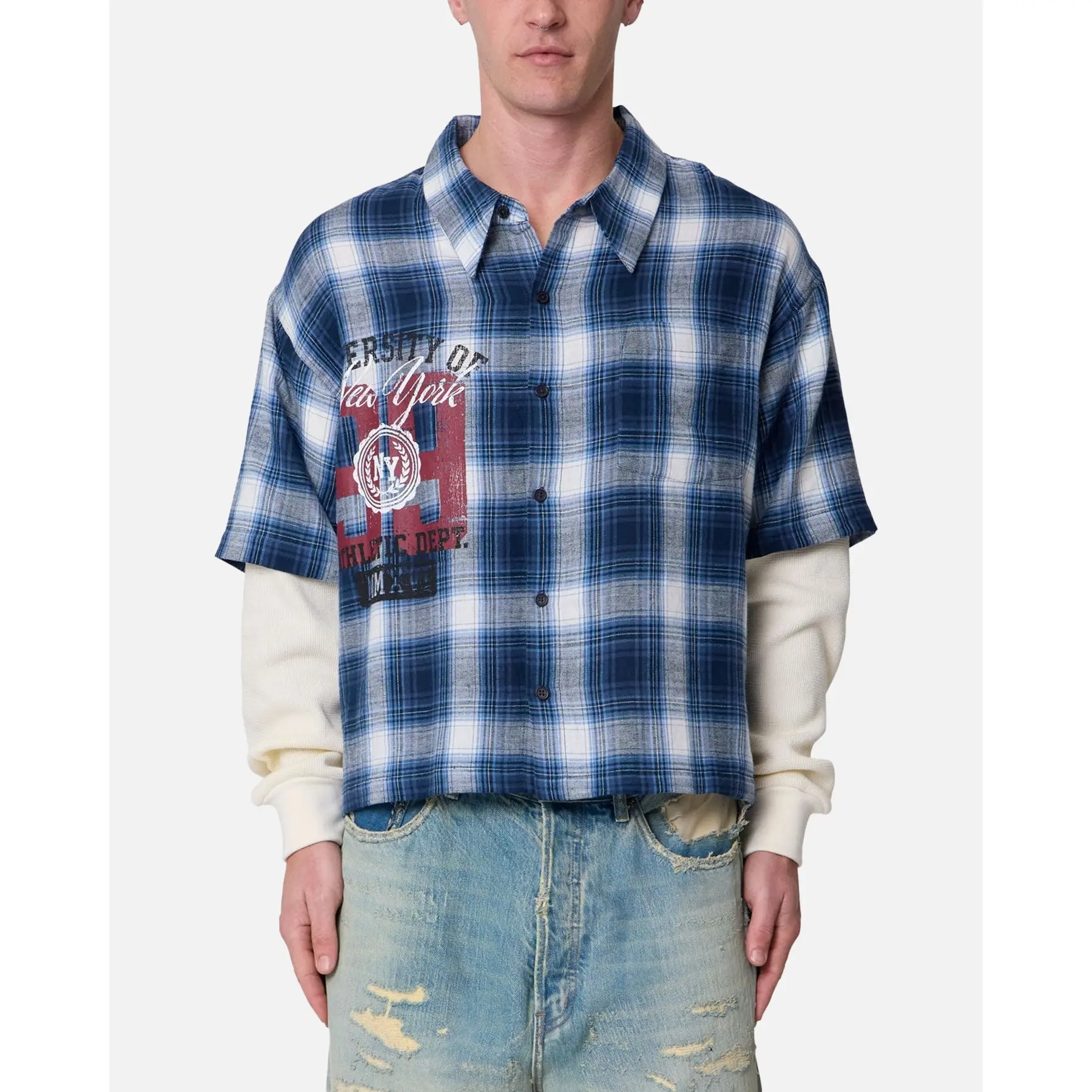MNML Layered Thermal Button Up Long Sleeve Shirt Blue