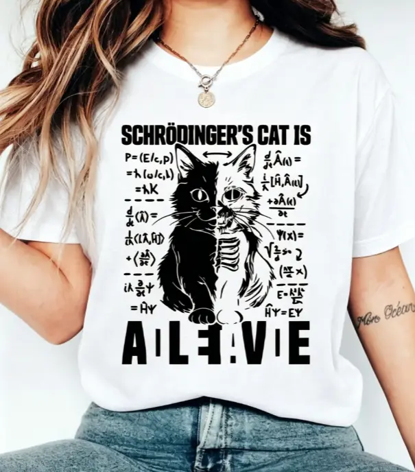 unisex summer clothing, summer outfits women, summer outfits men, Relaxed Fit, Soft, Breathable, schrodingers cat tee, quantum physics science shirt, nerdy geek graphic top, funny scientist casual everyday tee