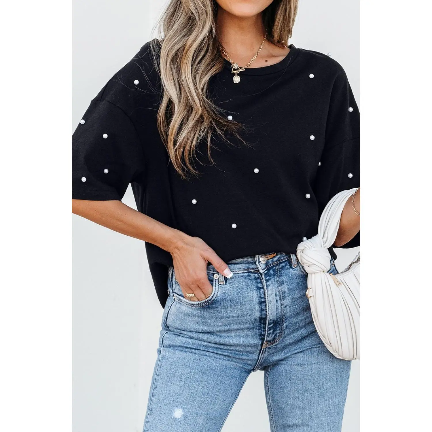 Pearl Beaded Round Neck Half Sleeve T Shirt