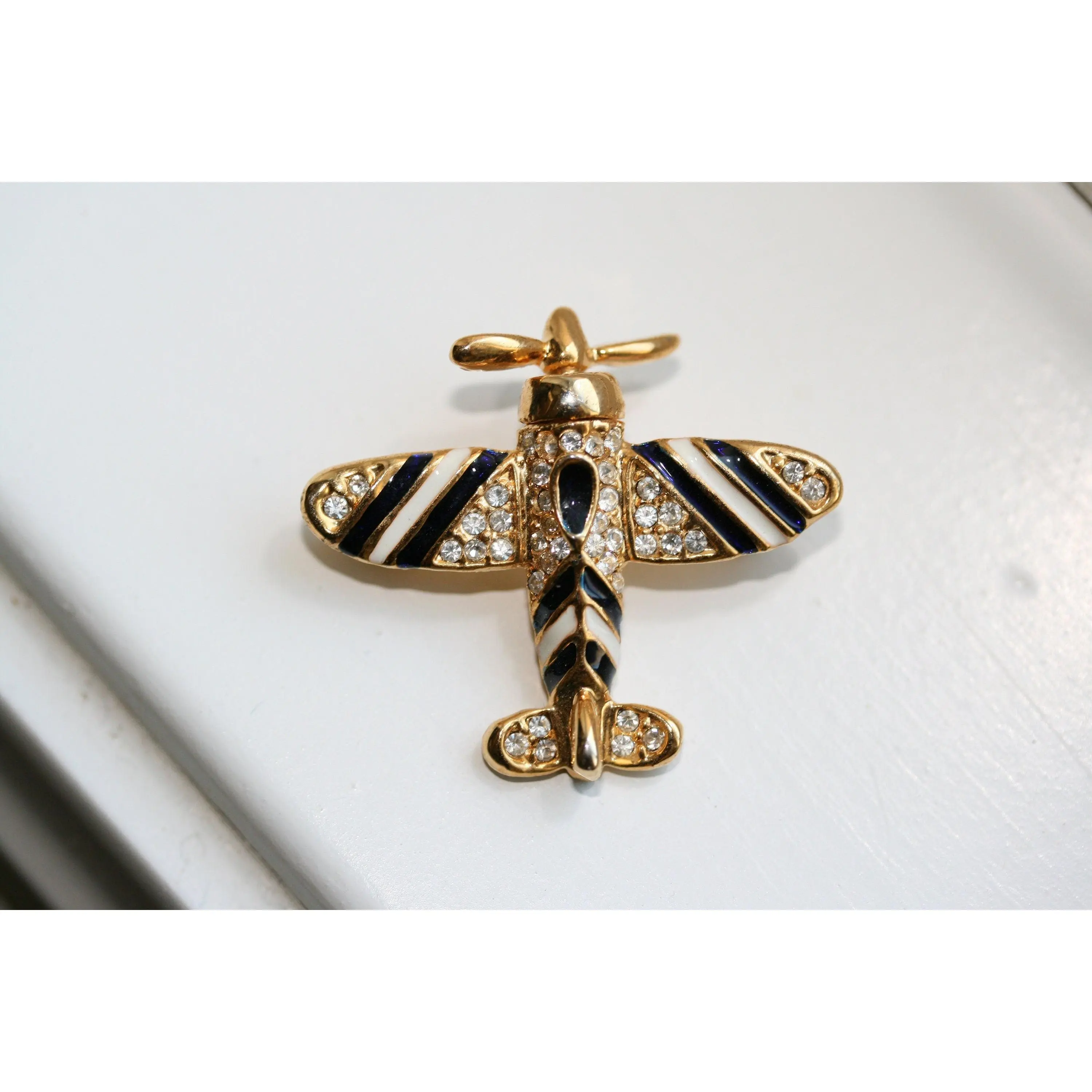 Rhinestone Airplane Brooch Pin Moving Propeller Gold tone Airplane Brooch, Silver Tone Airplane Pin