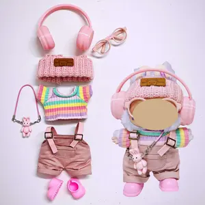 6.7in Vinyl Doll Clothes Set Suitable for First, Second, and Third Generation Plush Dolls Trendy Clothes Pink Pleated Skirt Overalls with Rainbow Striped Bunny Accessories Trendy Dress Up Outfit