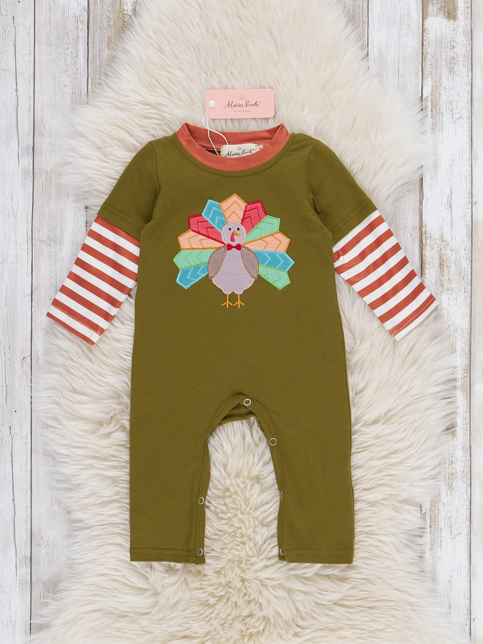 Embroidered Striped Turkey Romper