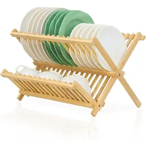 Bamboo dish drying rack collapsible 2tier dish drainer kitchen plate rack for kitchen countertop foldable