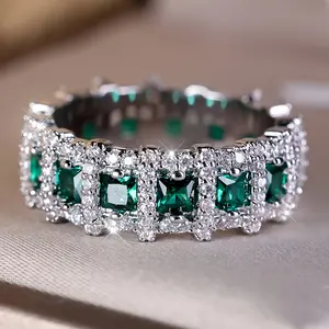 Vintage Eternity Band Ring - Studded with Genuine Green Zirconia Stones Hypoallergenic, Comfortable, Ideal for Wedding, Engagement, Banquet Events, Fashion Statement Jewelry, and Everyday Wear