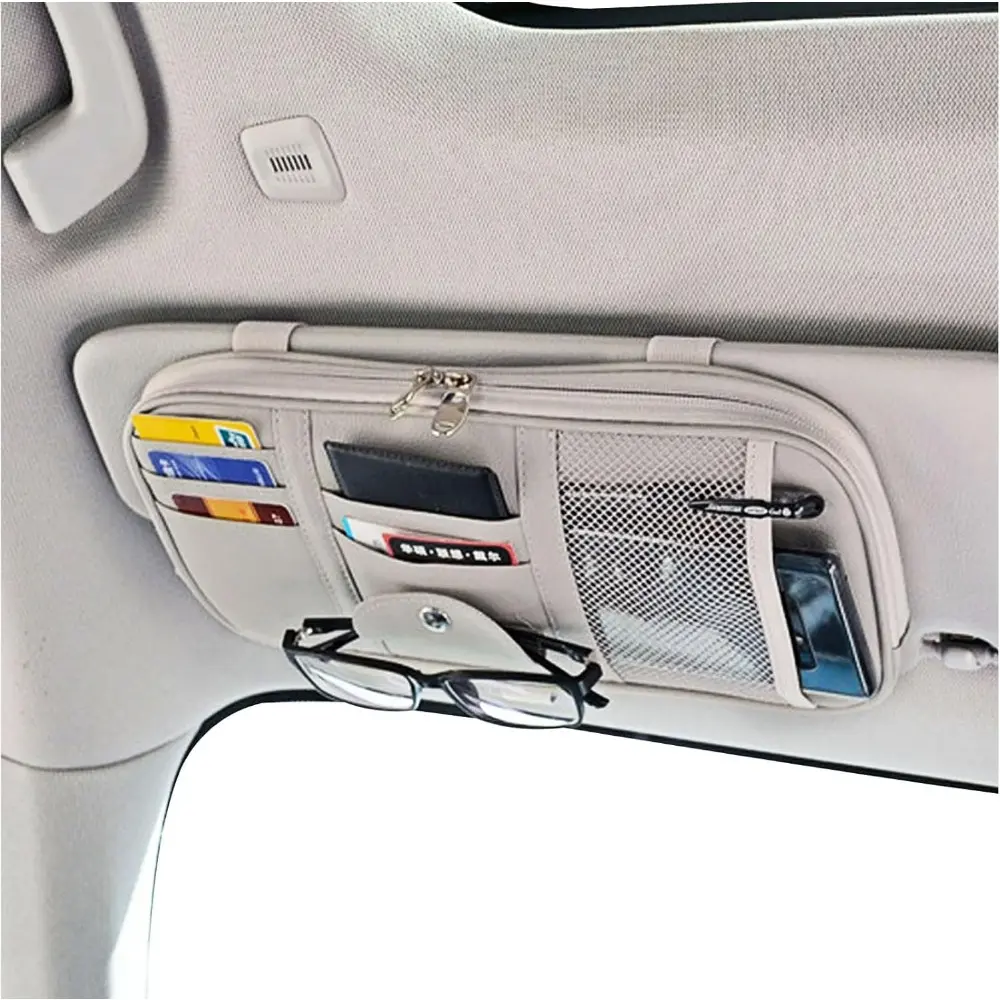 Car Sun Visor Organizer, Multi-Pocket Visor Organizer Storage Pouch For Cars, SUVs For Trucks With Double Zippers, Elastic Bands With Glasses Clip - Organizes Essentials Keep Tidy (Cream Grey)