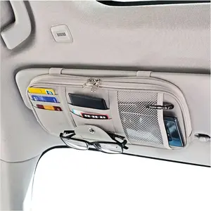 Car Sun Visor Organizer, Multi-Pocket Visor Organizer Storage Pouch For Cars, SUVs For Trucks With Double Zippers, Elastic Bands With Glasses Clip - Organizes Essentials Keep Tidy (Cream Grey)