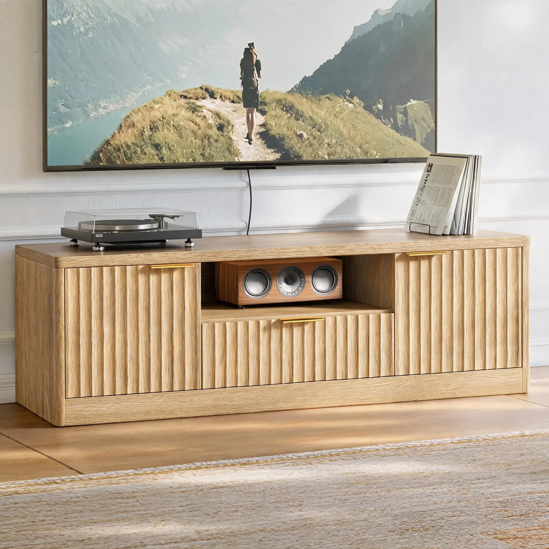 TV Stand for Living Room, Fluted TV Stand with Storage, Entertainment Center for TVs Up to 65", Modern Curved Edge Media Console Cabinet for Living Room, Natural Oak