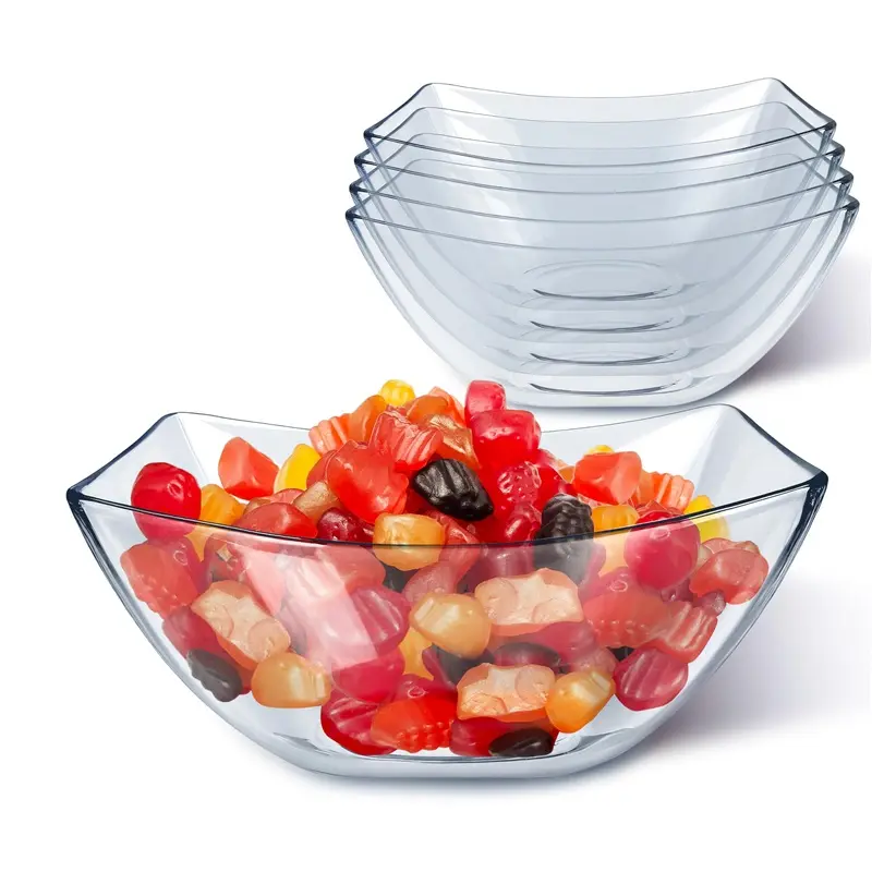 16oz Clear Plastic Serving Bowls (4 Pack) Small Disposable Candy Dishes, Square Plastic Buffet Containers for Chips, Snacks, Mints, Salad Bar, Snack Bowl Parties, Office, Bridal Shower, Party Supplies