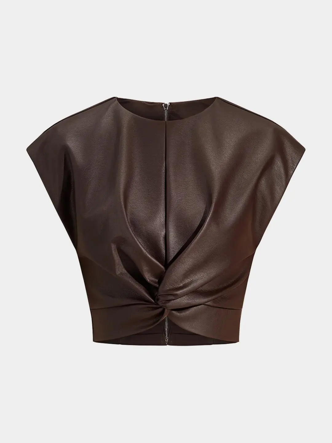 Women's Casual Faux Leather Tank Top - 68% PU Polyester-Cotton Fabric, Low Stretch, Zipper Detail, Twist Knot Design, Flattering Slim Fit, All Seasons