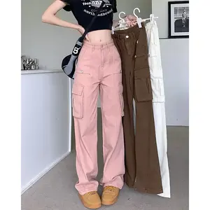 Casual Work Pants High Waist Straight Wide Leg Loose Skinny Drag Jeans Ladies