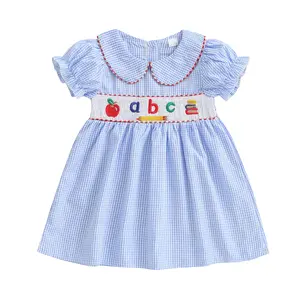 Toddler Girls Back to School Outfit Letter Apple Embroidery Plaid Doll Collar Short Sleeve Babydoll Dress Summer