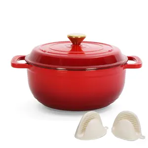 Cast iron 5QT cooking pot - Gradient red - Includes two silicone gloves - Enamel pot