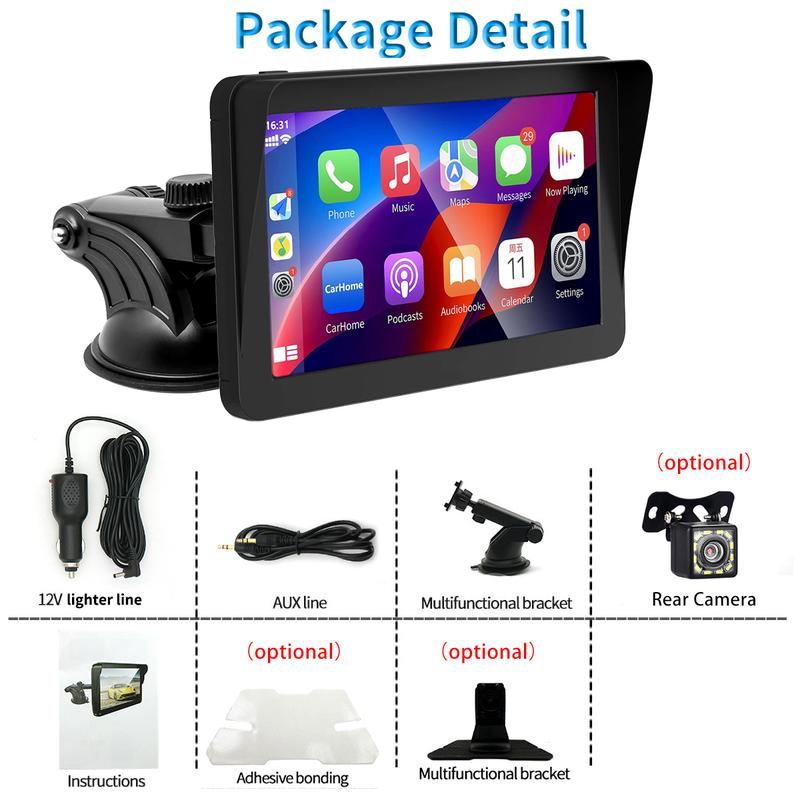 Portable Wireless Apple Carplay & Android Auto Car Stereo with Voice Control,7 Inch Touch Screen Double Din Stereo with Bluetooth, Multimedia Player, Car Audio with Mirror Link/AUX/FM