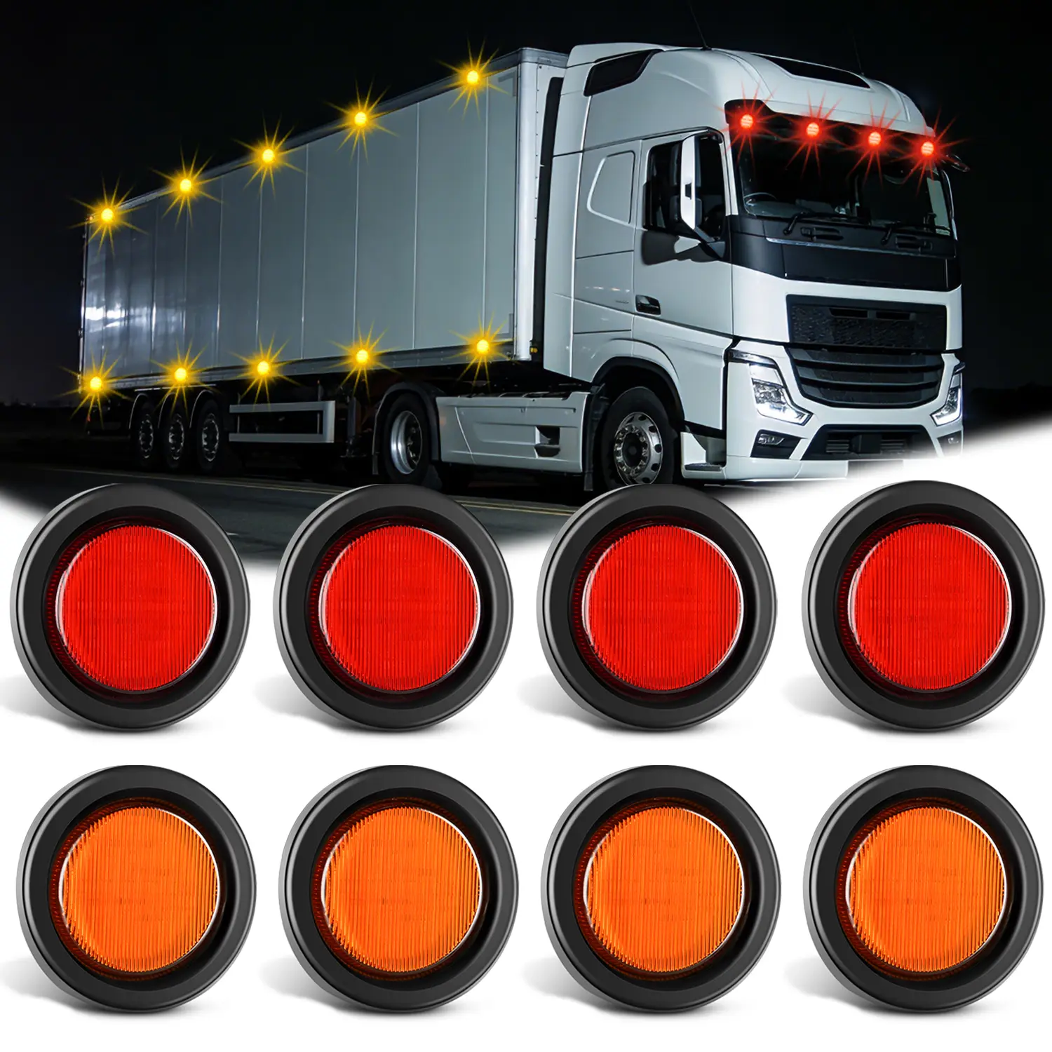 Nilight 2.5in Round Marker Turn Signal Lights (8PCS), 13LED Red Amber Waterproof Clearance Lights with Flush Mount, Plug, Grommet, Pigtail, Hardwired Installation, ABS Shell, Mask Stripe, DOT Compliant for 12V Trucks, Trailers, Turn Signal Light