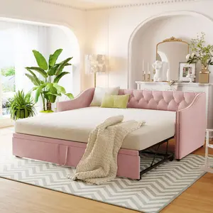 Twin Size Upholstered Daybed Frame with Pop Up Trundle, Twin to King Size Day Bed, Trundle Can Be Flat Or Erected, Extendable Daybed Frame for Bedroom (Pink)