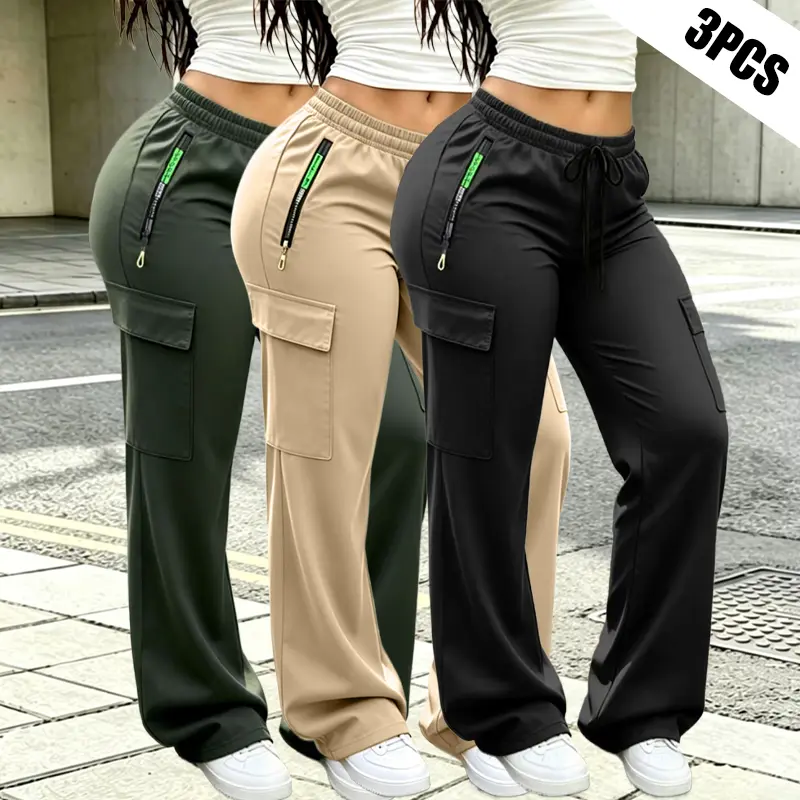 Women’s athletic casual cargo pants，3/1pack—lightweight and breathable, featuring a stylish pocket design and a drawstring elastic waistband. Casual outdoor long pants suitable for jogging outdoors and everyday wear.